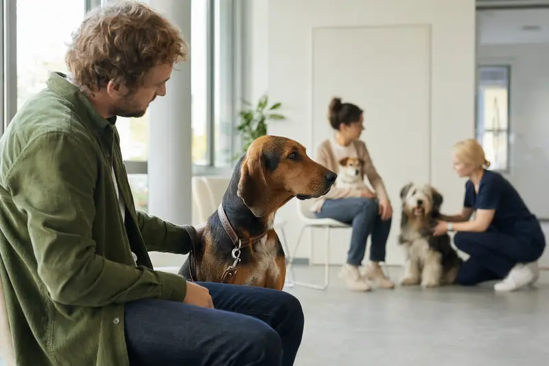 Ein Haldenstövare sitzt ruhig neben seinem Besitzer im hellen Wartezimmer einer modernen Tierarztpraxis.